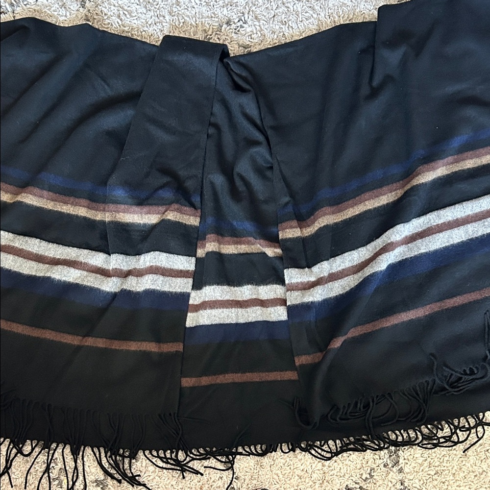 Chic Black Shawl with Stripes and Fringe